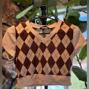 Cute fall cropped polo shirt with earthy tones of brown and taupe.